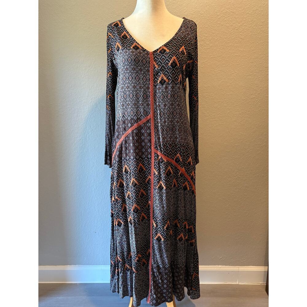 SOFT SURROUNDINGS Orange/Blk Brown Sz M Maxi Dress Asymmetrical Design Tradwife